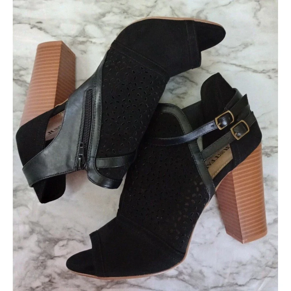 Just Fab Black Faux Suede Eyelet Open Toe High Heel Ankle Boots Booties Size 9.5